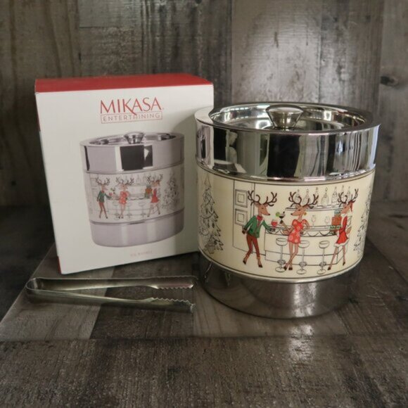 Christmas Ice Bucket Mikasa Reindeer Stainless Steel Champagne Chiller Lid Tongs - Picture 2 of 7